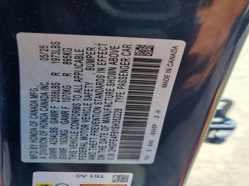 2025 Honda Civic მანქანა იყიდება აუქციონზე, vin: 2HGFE4F81SH352228, აუქციონის ნომერი: 60070326
