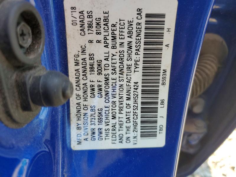 Aukcja sprzedaży 2018 Honda Civic, vin: 2HGFC2F52JH527424, numer aukcji: 61601796