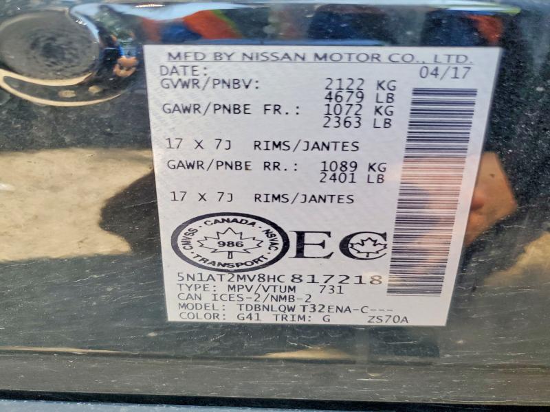 2017 Nissan Rogue მანქანა იყიდება აუქციონზე, vin: 5N1AT2MV8HC817218, აუქციონის ნომერი: 60655816