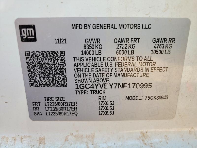2022 Chevrolet Silverado მანქანა იყიდება აუქციონზე, vin: 1GC4YVEY7NF170995, აუქციონის ნომერი: 63032756