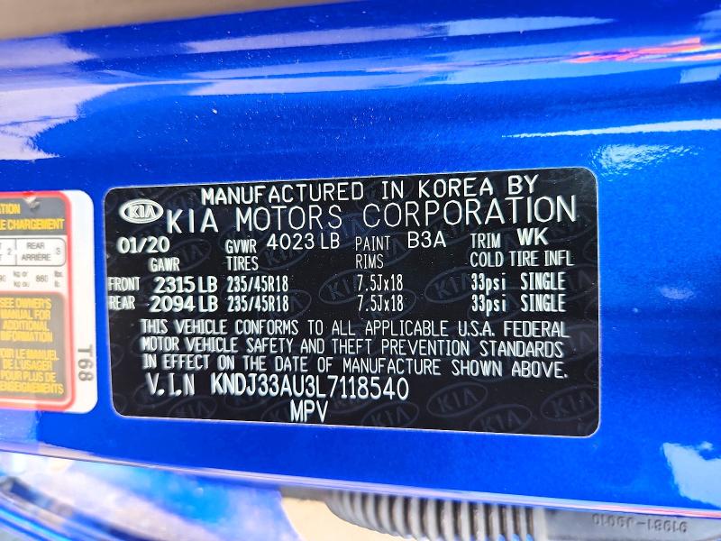 85790795 :رقم المزاد ، KNDJ33AU3L7118540 vin ، 2020 Kia Soul مزاد بيع