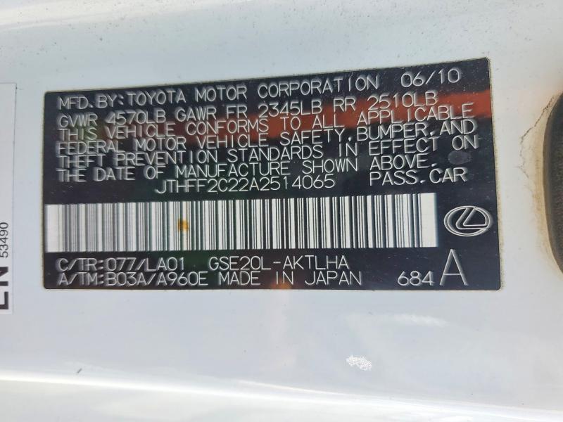 60987336 :رقم المزاد ، JTHFF2C22A2514065 vin ، 2010 Lexus Is مزاد بيع