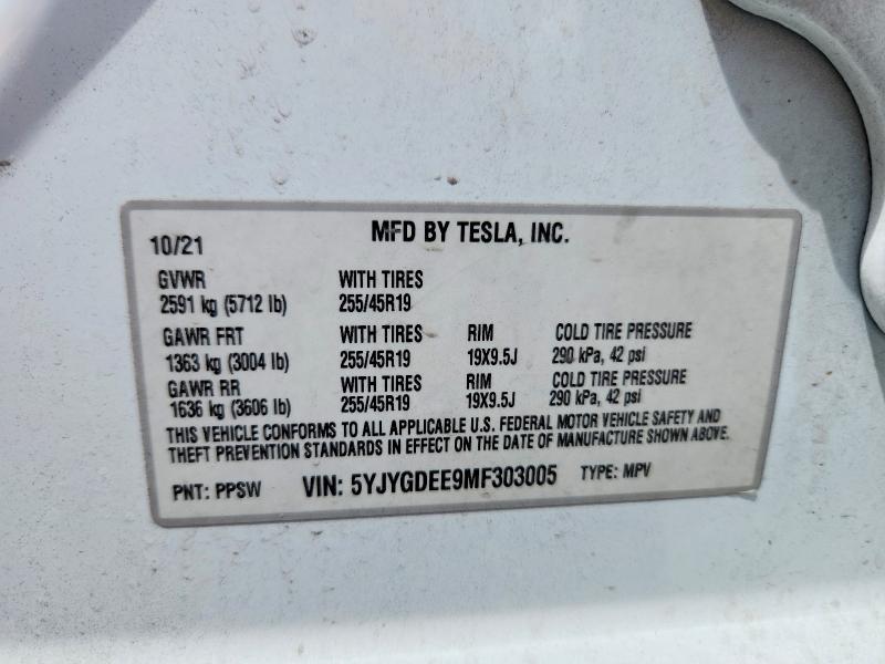 Aukcja sprzedaży 2021 Tesla Model Y, vin: 5YJYGDEE9MF303005, numer aukcji: 59742906