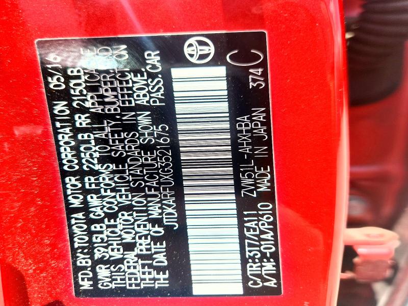 59634116 :رقم المزاد ، JTDKARFUXG3521675 vin ، 2016 Toyota Prius مزاد بيع