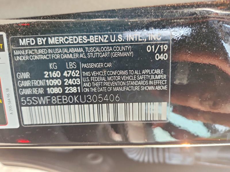 2019 Mercedes-benz C მანქანა იყიდება აუქციონზე, vin: 55SWF8EB0KU305406, აუქციონის ნომერი: 62679546
