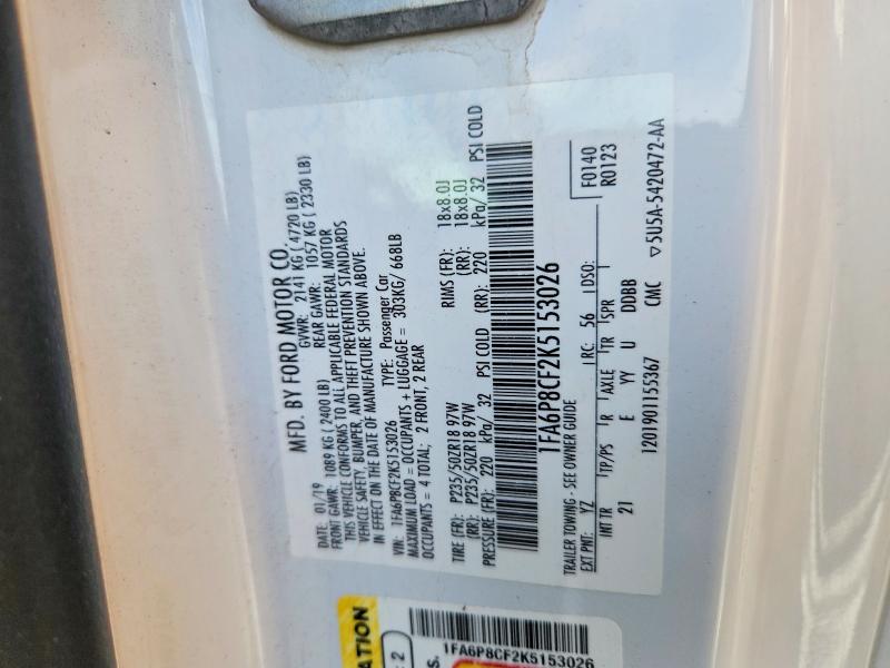 2019 Ford Mustang მანქანა იყიდება აუქციონზე, vin: 1FA6P8CF2K5153026, აუქციონის ნომერი: 61529526