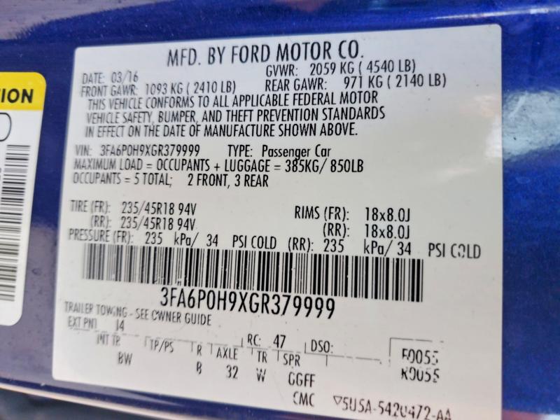 62986556 :رقم المزاد ، 3FA6P0H9XGR379999 vin ، 2016 Ford Fusion مزاد بيع