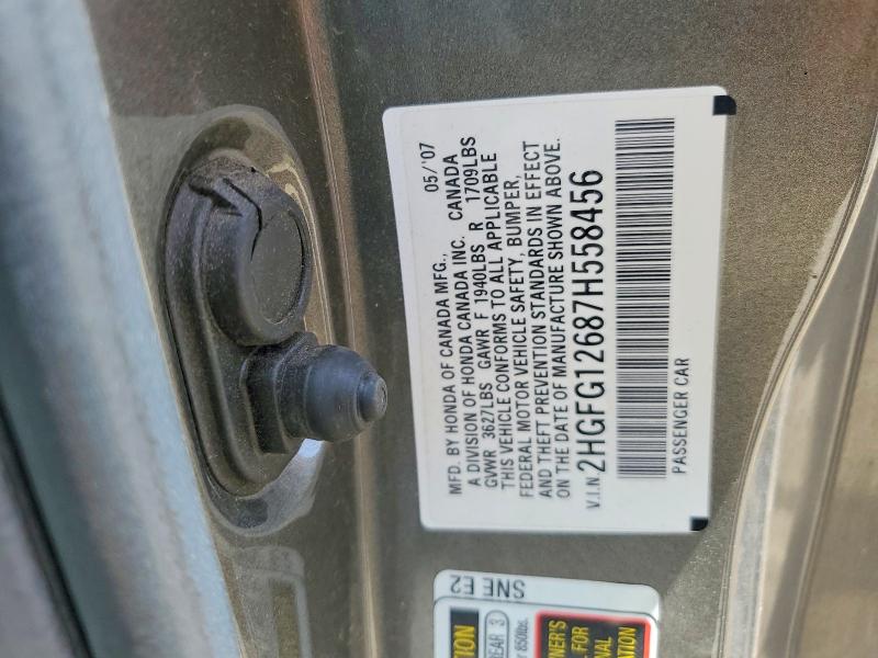 2007 Honda Civic მანქანა იყიდება აუქციონზე, vin: 2HGFG12687H558456, აუქციონის ნომერი: 61921836