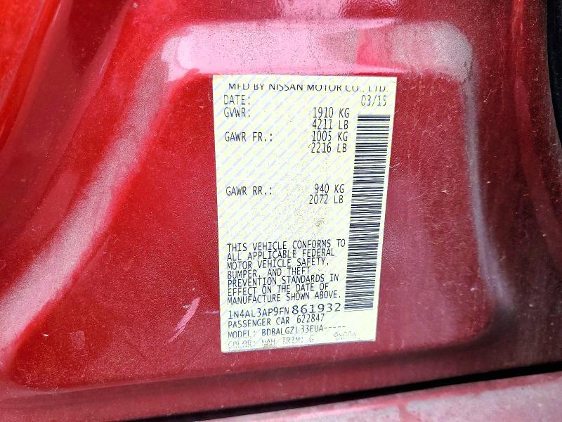 61032676 :رقم المزاد ، 1N4AL3AP9FN861932 vin ، 2015 Nissan Altima مزاد بيع
