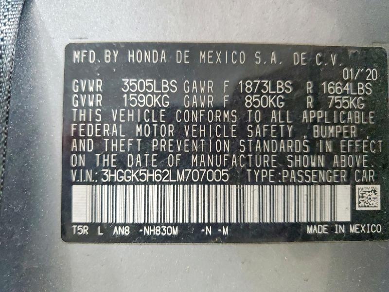 2020 Honda Fit მანქანა იყიდება აუქციონზე, vin: 3HGGK5H62LM707005, აუქციონის ნომერი: 62851596