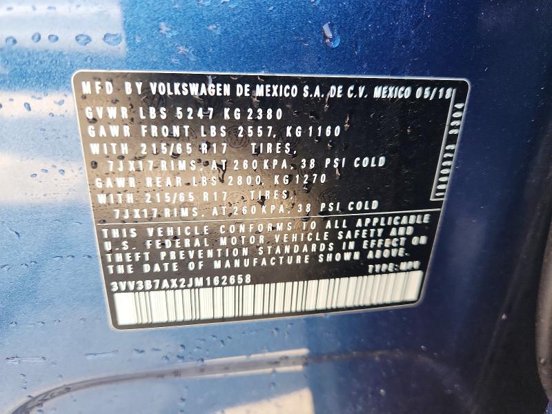 2018 Volkswagen Tiguan მანქანა იყიდება აუქციონზე, vin: 3VV3B7AX2JM162658, აუქციონის ნომერი: 60972206