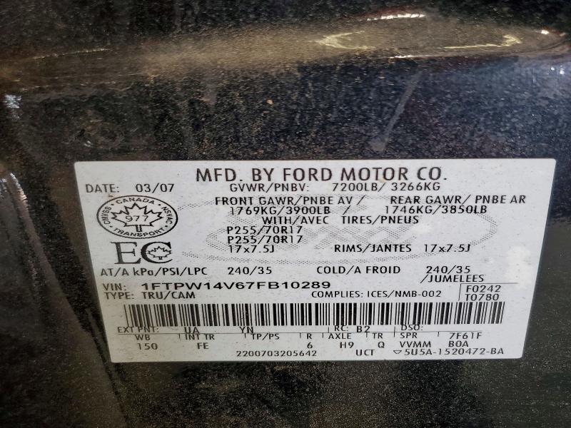 59650166 :رقم المزاد ، 1FTPW14V67FB10289 vin ، 2007 Ford F150 مزاد بيع