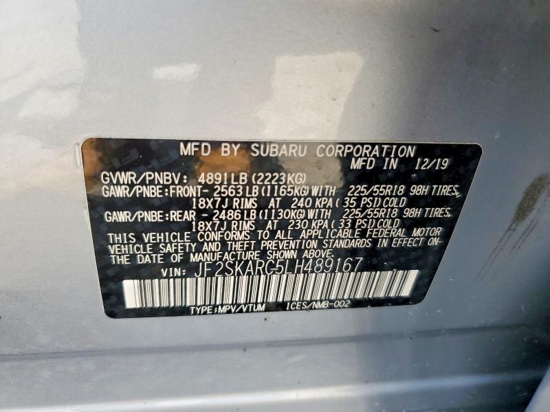 Продаж на аукціоні авто 2020 Subaru Forester, vin: JF2SKARC5LH489167, номер лоту: 60279406