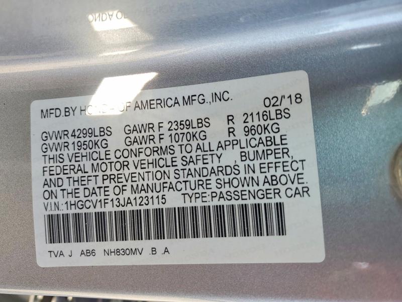 Продаж на аукціоні авто 2018 Honda Accord, vin: 1HGCV1F13JA123115, номер лоту: 61018856