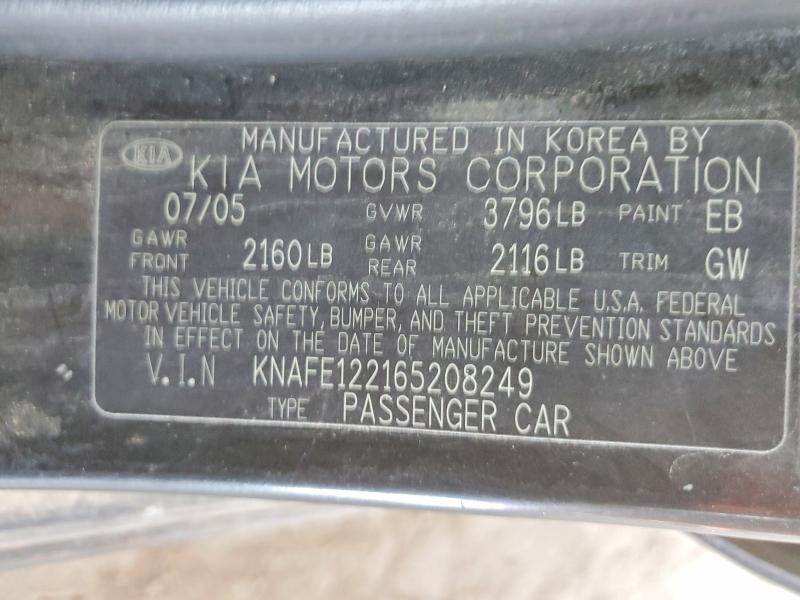 Aukcja sprzedaży 2006 Kia Spectra, vin: KNAFE122165208249, numer aukcji: 59330976