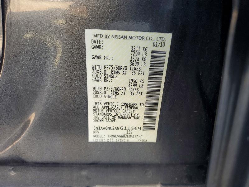 2010 Nissan Armada მანქანა იყიდება აუქციონზე, vin: 5N1AA0NC2AN611569, აუქციონის ნომერი: 73343785