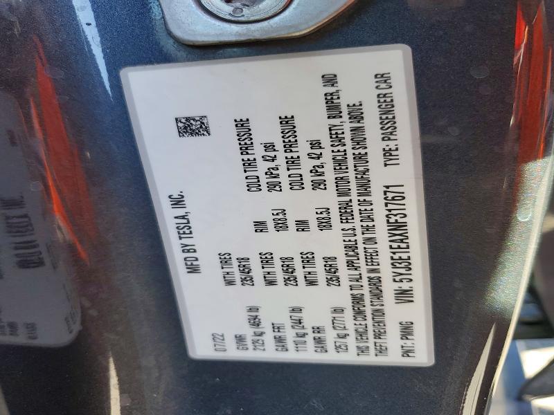 Aukcja sprzedaży 2022 Tesla Model 3, vin: 5YJ3E1EAXNF317671, numer aukcji: 62629636