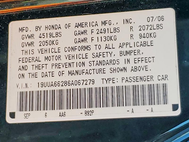 58786566 :رقم المزاد ، 19UUA66286A067279 vin ، 2006 Acura 3.2tl مزاد بيع