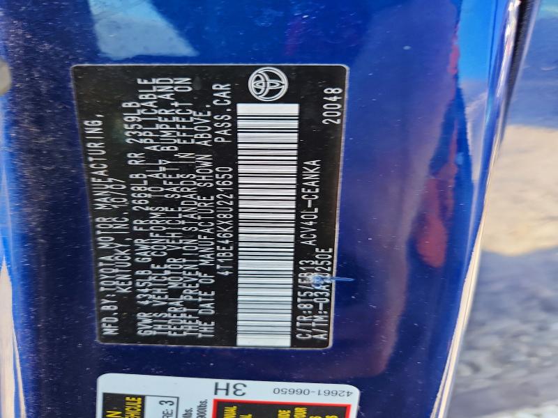2008 Toyota Camry მანქანა იყიდება აუქციონზე, vin: 4T1BE46KX8U221650, აუქციონის ნომერი: 85617635