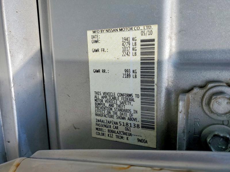2010 Nissan Altima მანქანა იყიდება აუქციონზე, vin: 1N4AL2AP2AN518138, აუქციონის ნომერი: 59374796