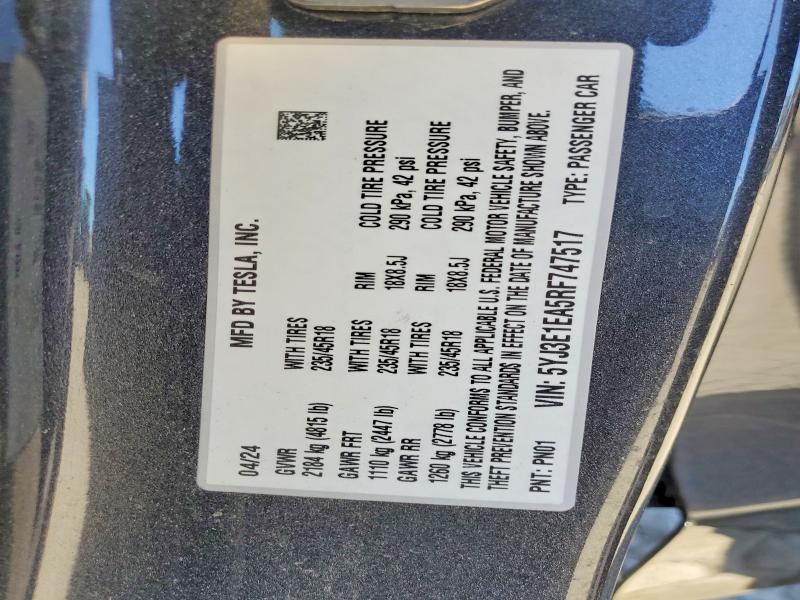 Aukcja sprzedaży 2024 Tesla Model 3, vin: 5YJ3E1EA5RF747517, numer aukcji: 61634636