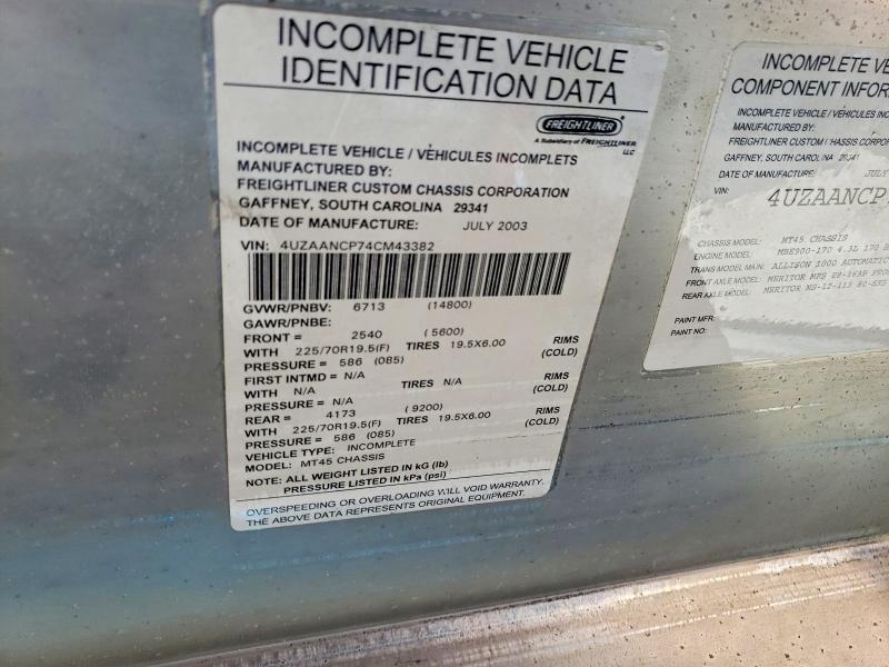 2004 Freightliner Mt45 Chassis მანქანა იყიდება აუქციონზე, vin: 4UZAANCP74CM43382, აუქციონის ნომერი: 62080646