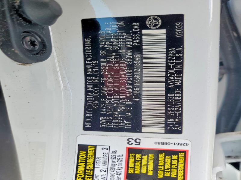 2019 Toyota Camry მანქანა იყიდება აუქციონზე, vin: 4T1B61HK5KU218946, აუქციონის ნომერი: 58882996