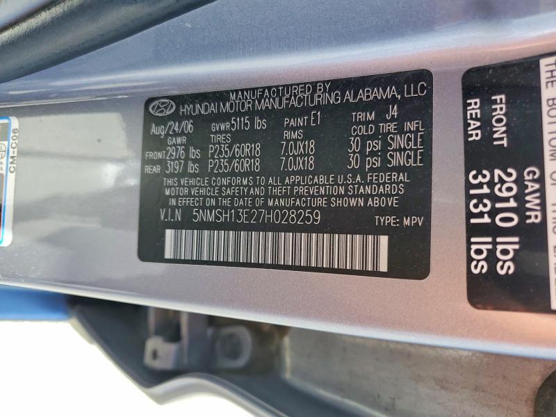 59159166 :رقم المزاد ، 5NMSH13E27H028259 vin ، 2007 Hyundai Santa Fe مزاد بيع