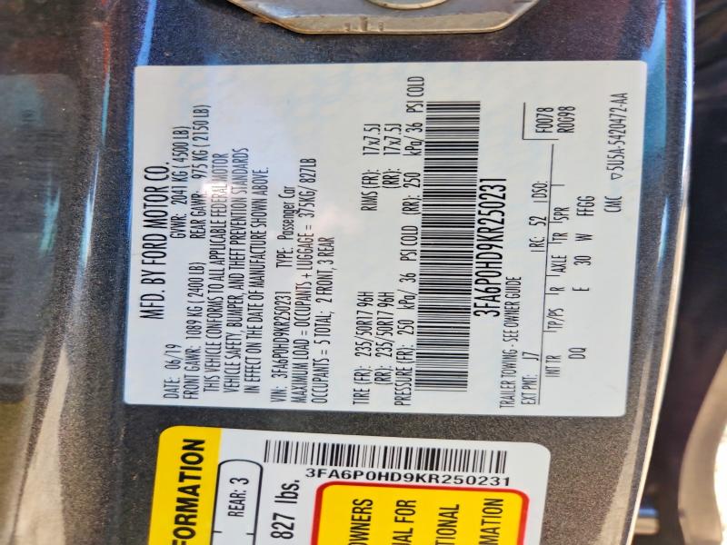 Aukcja sprzedaży 2019 Ford Fusion, vin: 3FA6P0HD9KR250231, numer aukcji: 59623086