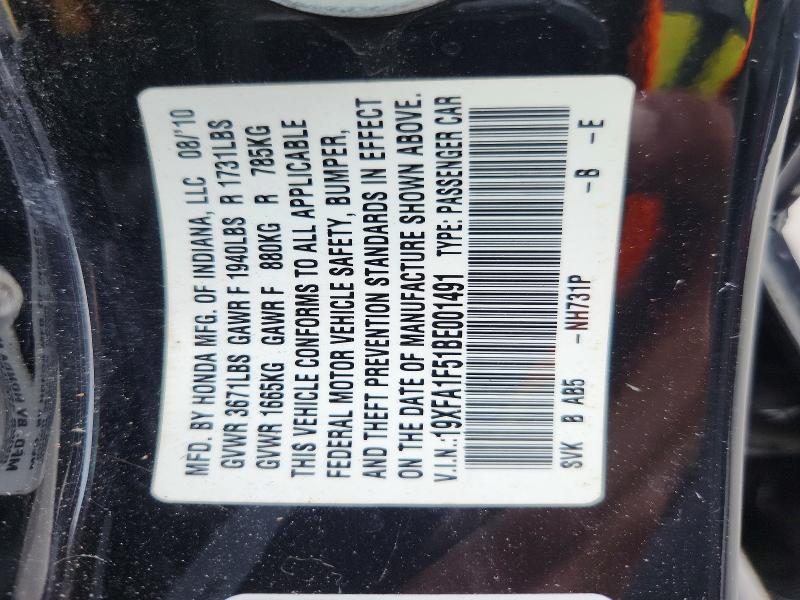61942616 :رقم المزاد ، 19XFA1F51BE001491 vin ، 2011 Honda Civic مزاد بيع