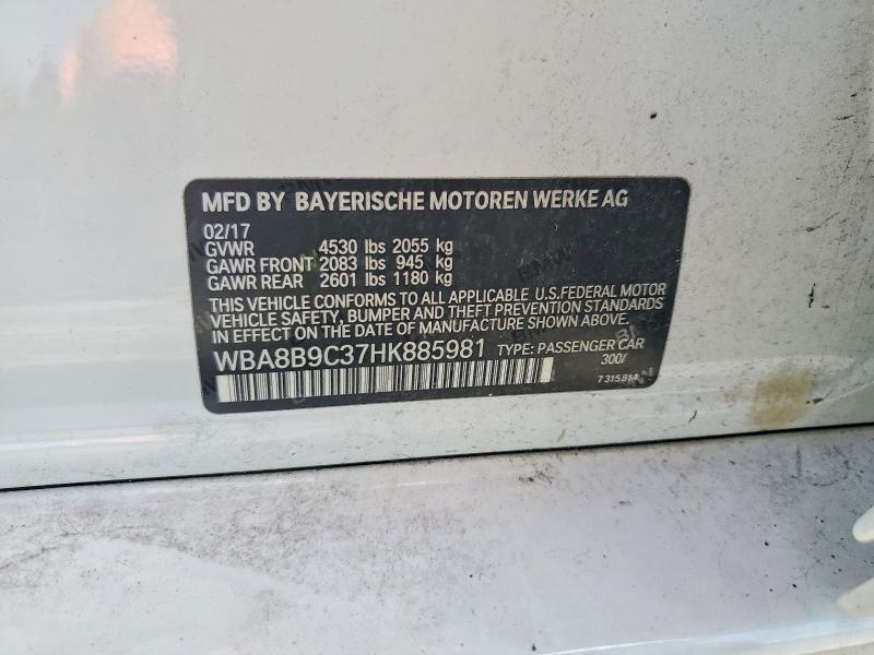 2017 Bmw 330 მანქანა იყიდება აუქციონზე, vin: WBA8B9C37HK885981, აუქციონის ნომერი: 60462946