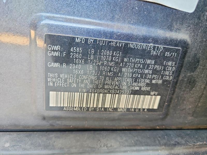 2011 Subaru Outback მანქანა იყიდება აუქციონზე, vin: 4S4BRBACXB3425337, აუქციონის ნომერი: 62505486