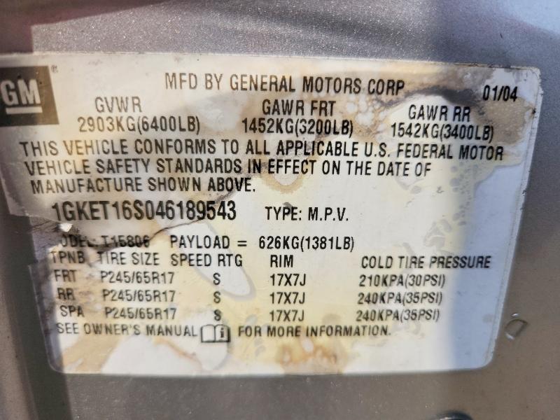 Aukcja sprzedaży 2004 Gmc Envoy, vin: 1GKET16S046189543, numer aukcji: 62772856