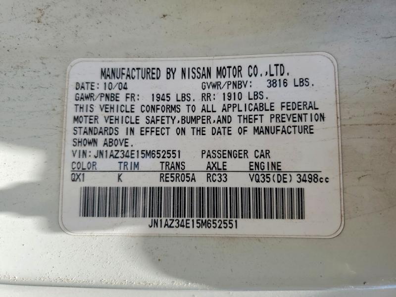 Aukcja sprzedaży 2005 Nissan 350z, vin: JN1AZ34E15M652551, numer aukcji: 61881466