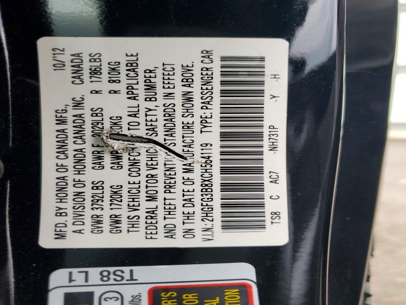62214866 :رقم المزاد ، 2HGFG3B8XCH564119 vin ، 2012 Honda Civic مزاد بيع