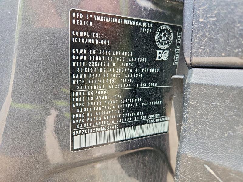 2022 Volkswagen Taos მანქანა იყიდება აუქციონზე, vin: 3VV2X7B29NM039462, აუქციონის ნომერი: 61961006