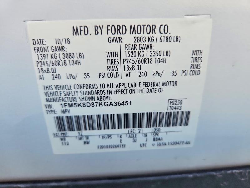 61857246 :رقم المزاد ، 1FM5K8D87KGA36451 vin ، 2019 Ford Explorer مزاد بيع