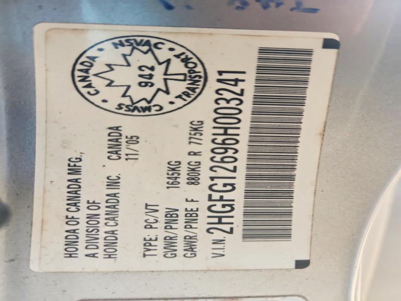 2006 Honda Civic მანქანა იყიდება აუქციონზე, vin: 2HGFG12696H003241, აუქციონის ნომერი: 61577546