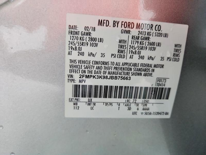 60013796 :رقم المزاد ، 2FMPK3K98JBB75663 vin ، 2018 Ford Edge مزاد بيع