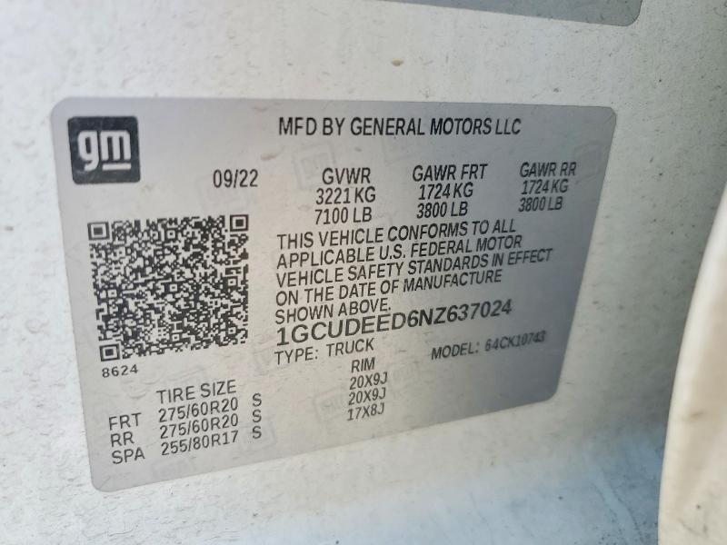Aukcja sprzedaży 2022 Chevrolet Silverado, vin: 1GCUDEED6NZ637024, numer aukcji: 60969546