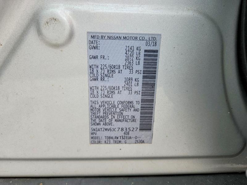 62213036 :رقم المزاد ، 5N1AT2MV6JC783527 vin ، 2018 Nissan Rogue مزاد بيع