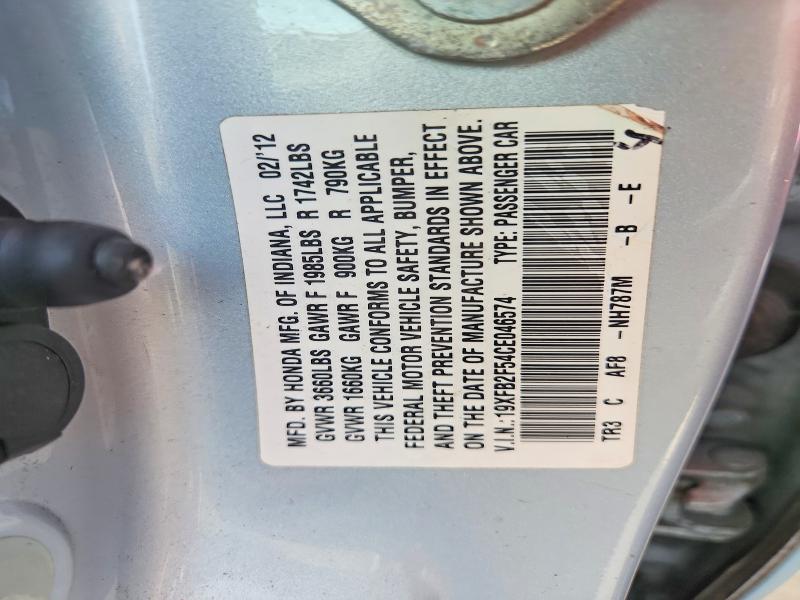 Auction sale of the 2012 Honda Civic, vin: 19XFB2F54CE046574, lot number: 61635396