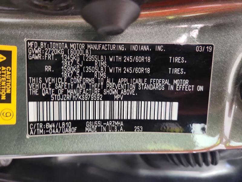 2019 Toyota Highlander მანქანა იყიდება აუქციონზე, vin: 5TDJZRFH7KS979592, აუქციონის ნომერი: 60074496