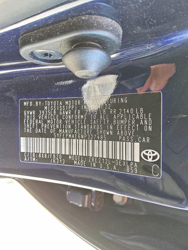 Продажа на аукционе авто 2022 Toyota Corolla, vin: 5YFEPMAE6NP327485, номер лота: 60386266