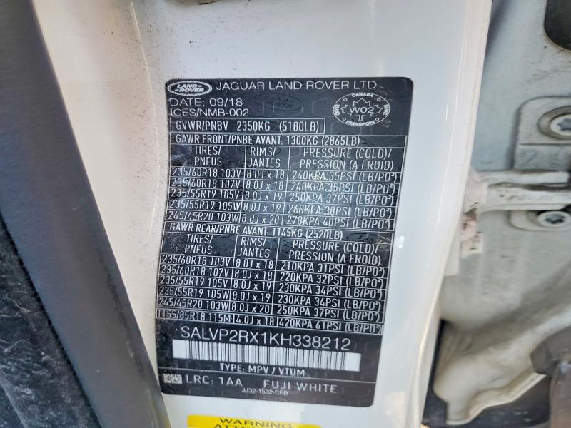 Продаж на аукціоні авто 2019 Land Rover Range Rover Evoque, vin: SALVP2RX1KH338212, номер лоту: 60670726