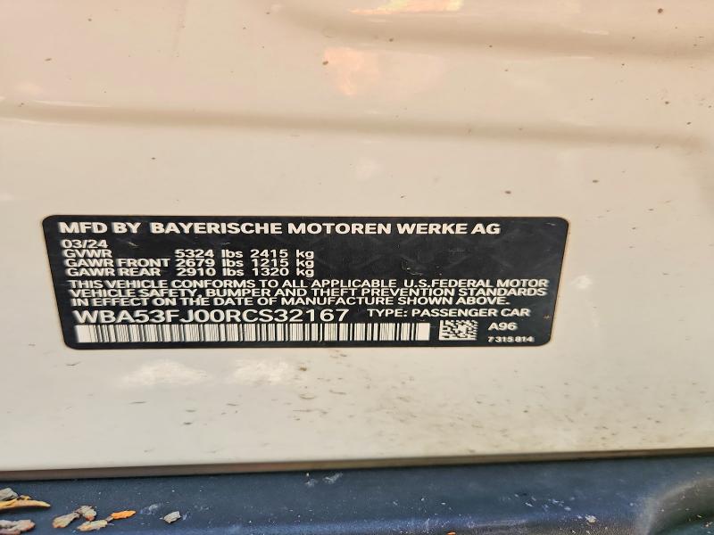 59653716 :رقم المزاد ، WBA53FJ00RCS32167 vin ، 2024 Bmw 530 مزاد بيع