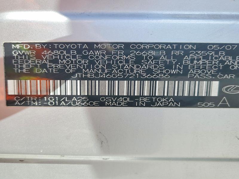 Aukcja sprzedaży 2007 Lexus Es, vin: JTHBJ46G572136686, numer aukcji: 57167606