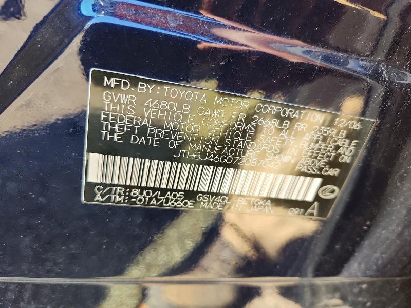 Продажа на аукционе авто 2007 Lexus Es, vin: JTHBJ46G072087042, номер лота: 59329446