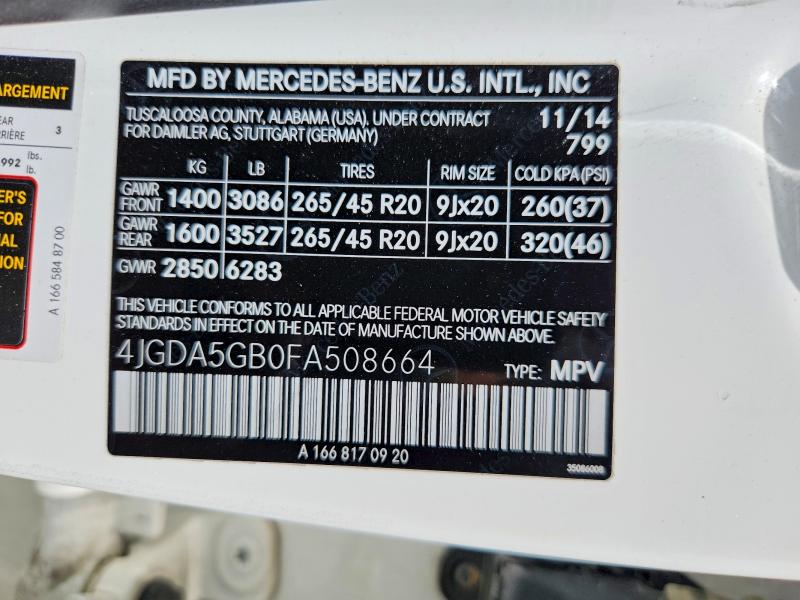 Продажа на аукционе авто 2015 Mercedes-benz Ml, vin: 4JGDA5GB0FA508664, номер лота: 59237986