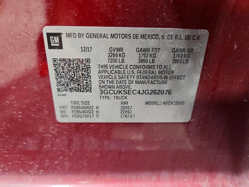 Продаж на аукціоні авто 2018 Chevrolet Silverado, vin: 3GCUKSEC4JG262076, номер лоту: 61025096